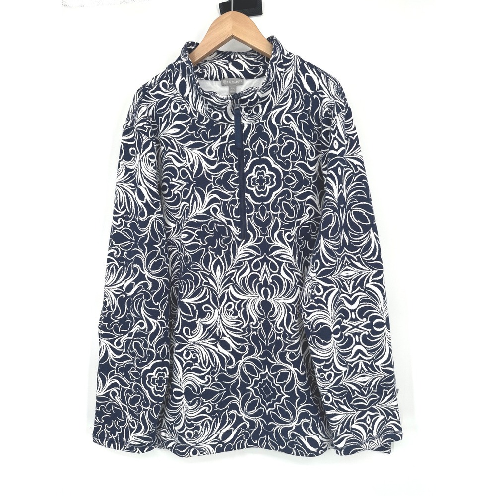 Talbots Quarter Zip Pullover Women 2X Navy Damask Scroll Print Fleece Preppy